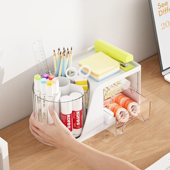 Desk Organizer with 2 Drawer, 360°Rotating Pen Holder, Desk Organizers and Acces - Picture 6 of 7